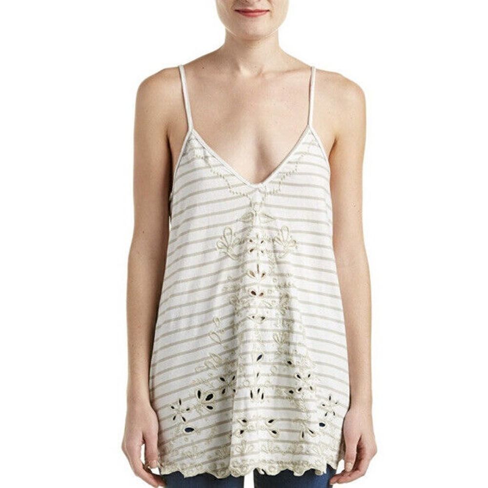 Free People Top Women’s Seafaring Striped Embroidered Tunic Ivory Cutout Small